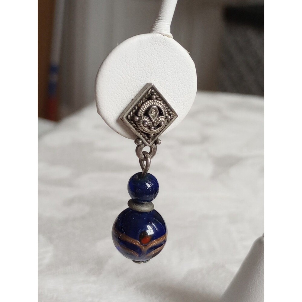1 1/2 In Cobalt Blue Glass Beads with Gold Red Dangle Post Earrings Vintage